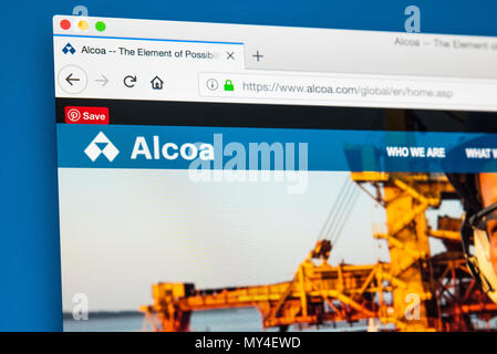 LONDON, UK, 29. Mai 2018: Die Homepage der offiziellen Website für Alcoa - Die American Industrial Corporation, am 29. Mai 2018. Stockfoto