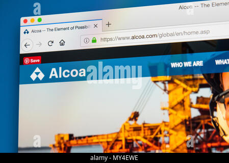 LONDON, UK, 29. Mai 2018: Die Homepage der offiziellen Website für Alcoa - Die American Industrial Corporation, am 29. Mai 2018. Stockfoto