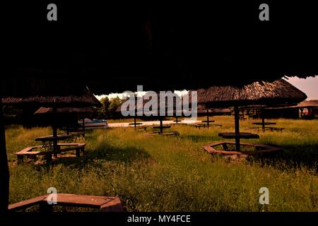 Thatch Sonnenschirm aus Holz Stockfoto