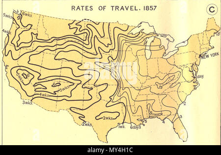 . Englisch: eine Karte, die zeigt, wie lange es gedauert hat, in die verschiedenen Teile der USA im Jahr 1857 zu Reisen, angefangen von New York City. 20 November 2009, 08:35:40. Charles O. Paulin 447 Rate von Reisen, 1857 Stockfoto