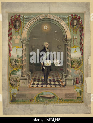 . Englisch: Washington als Freimaurer. Ein in voller Länge Porträt von George Washington, stehend, mit leicht nach rechts, im masonic Kleidung, Holding blättern und Kelle. 1866. Strobridge & Gerlach Lithografen 207 George Washington, Freimaurer 02796 u mit Original Stockfoto
