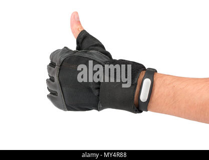 Hand in Hand mit Fitness Armband zeigt wie auf weißem Hintergrund Stockfoto