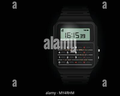 Rechner Digitaluhr auf einem schwarzen Hintergrund. Stock Vektor