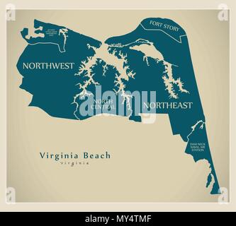 Moderne Stadtplan - Virginia Beach VA Stadt der USA mit Nachbarschaften und Titel Stock Vektor