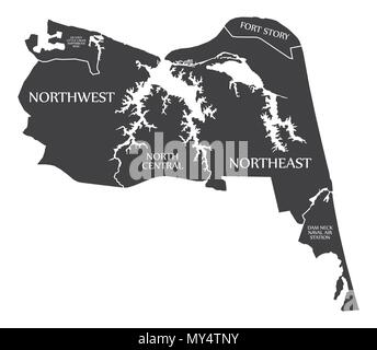 Virginia Beach VA Stadt Karte USA Bezeichnung schwarz Abbildung: Stock Vektor
