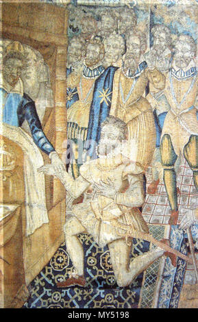 . Englisch: Heinrich III. auf seinem Sterbebett benennenden Henri de Navarre als seinen Nachfolger. 16. Jahrhundert. Anonym 16. Jahrhundert tapestry 237 Heinrich III. auf seinem Sterbebett benennenden Henri de Navarre als seinen Nachfolger Stockfoto