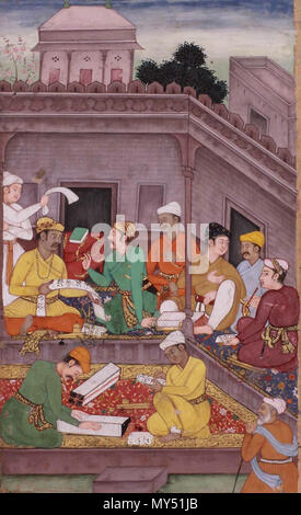 . Englisch: Bhisma und Yudhisthira besprechen Sie das Problem des Vertrauens: Eine Illustration aus dem Razm-nama Mughal, Ca. 1598-1600 Opak Aquarell erhöhte mit Gold auf Papier malen: 5 ½ x 3 ¼ Zoll (12,7 x 8,2 cm) Folio: 9 ½ x 7 ½ Zoll (24,1 x 19,1 cm). Zwischen 1598 und 1600. Mughal 73 Bhisma und Yudhisthira besprechen Sie das Problem des Vertrauens Stockfoto