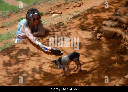 Frauen, die streunenden Hund füttern, Sigiriya Rock Fortress, Sigiriya, Central Province, Sri Lanka. Stockfoto