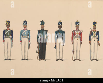 . Englisch: 1. Madras berittene Artillerie. 2. Madras Leichte Kavallerie. 3. Madras Rifle Corps. 4. Madras Pioniere. 5. Madras Native Infanterie. 6. Fuß-Artillerie. Eine von einem Volumen von 30 Folianten, Kasten, Berufe, Methoden des Anbaus und der Prozession Szenen. Um 1830 (gemacht). Unbekannt (Produktion) 492 Sechs Figurengruppen, die militärische Uniformen Stockfoto