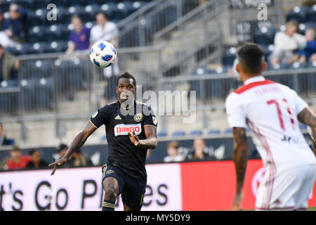 Chester, Pennsylvania, USA. 5. Juni 2018. Philadelphia Union Defender, CORY BURKE (19) Läuft der Ball während des Spiels zwischen der Union und den Richmond Kickers bei Talen Energie Stadion, Chester PA Credit: Ricky Fitchett/ZUMA Draht/Alamy leben Nachrichten Stockfoto