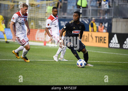 Chester, Pennsylvania, USA. 5. Juni 2018. Philadelphia Union Mittelfeldspieler MARCUS EPPS (20), die in Aktion während des Spiels zwischen der Union und den Richmond Kickers bei Talen Energie Stadion, Chester PA Credit: Ricky Fitchett/ZUMA Draht/Alamy leben Nachrichten Stockfoto