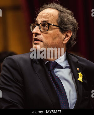 Barcelona, Spanien. 6 Juni, 2018: QUIM TORRA, Präsident der katalanischen Regierung, spricht während einer Sitzung im Katalanischen Parlament Credit: Matthias Oesterle/Alamy leben Nachrichten Stockfoto