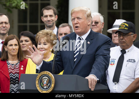 Washington, DC, USA. 6. Juni, 2018. DONALD TRUMP, bei der Unterzeichnungszeremonie für S. 2372, der VA Mission Act von 2018, im Weißen Haus in Washington, DC am 6. Juni 2018 Credit: Michael Brochstein/ZUMA Draht/Alamy leben Nachrichten Stockfoto