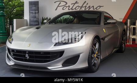 Torino, Italien. 6. Juni 2018. Ein Ferrari Portofino. 2018 Edition von Parco Valentino Auto show hosts Autos vieler Automobilhersteller und Konstrukteure in Valentino Park in Turin, Italien. Credit: Marco Destefanis/Alamy leben Nachrichten Stockfoto