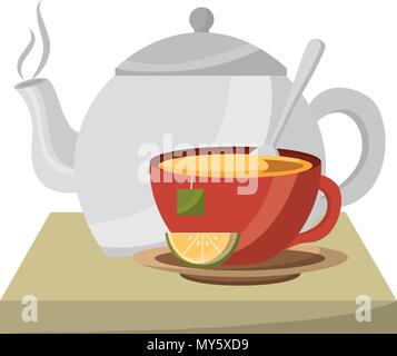 Porzellan Teekanne und Tasse Löffel Zitronensaft utensil Vector Illustration Stock Vektor