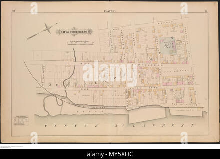 . Englisch: Los ist ein Fire Insurance Plan der drei Flüsse (Trois-Rivières), Quebec. Es ist von der tatsächlichen Erhebungen und Records' und wurde produziert von und unter der Aufsicht von H.W. Hopkins, Bauingenieur.' Seiten sind nummeriert 6-87. Es umfasst zwei Nicht nummerierte Seiten: eine Titelseite und Tabelle der cotents Seite. Seite 6-7 zeigt die "Carte de Cite de Trois Rivieres. Comte de St. Maurice' während Seite 10 & 11 zeigt die "Comte de St. Maurice, Prov. Quebec". Seiten 14-55 zeigt Platten A-K. Alternative Seiten sind leer. 4 März 2010, 09:22:44. Provincial Vermessung Pub. Co (1879) 81202/77-R 6990-974-5-E-G 1146. S 24 H Stockfoto