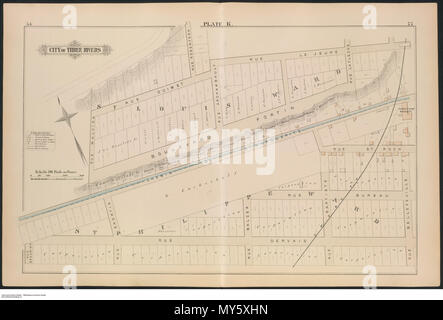 . Englisch: Los ist ein Fire Insurance Plan der drei Flüsse (Trois-Rivières), Quebec. Es ist von der tatsächlichen Erhebungen und Records' und wurde produziert von und unter der Aufsicht von H.W. Hopkins, Bauingenieur.' Seiten sind nummeriert 6-87. Es umfasst zwei Nicht nummerierte Seiten: eine Titelseite und Tabelle der cotents Seite. Seite 6-7 zeigt die "Carte de Cite de Trois Rivieres. Comte de St. Maurice' während Seite 10 & 11 zeigt die "Comte de St. Maurice, Prov. Quebec". Seiten 14-55 zeigt Platten A-K. Alternative Seiten sind leer. 4 März 2010, 23:23:37. Provincial Vermessung Pub. Co (1879) 81202/77-R 6990-974-5-E-G 1146. S 24 H Stockfoto