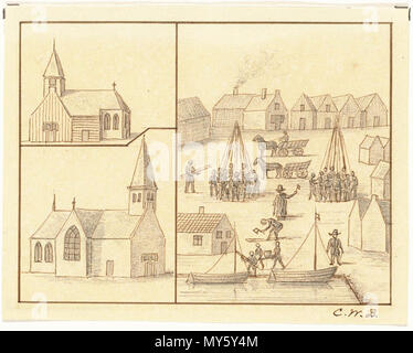 Schermerhorn. Catalogusnummer: PR 1001396 Plaats: Schermerhorn Beschreibung: Een tekening met drie afbeeldingen: Linksboven een houten Kerk, linksbeneden een stenen Kerk (de nieuwe Kerk), dsub Het funderen van de nieuwe Kerk te Schermerhorn. Datering: 1885 naar de toestand van 1636. Vervaardiger: Bruinvis, C.W. Stockfoto