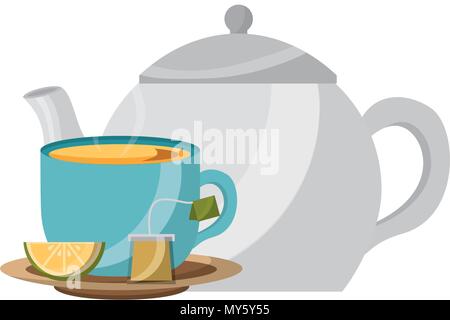 Porzellan Teekanne und Tasse Löffel Zitronensaft utensil Vector Illustration Stock Vektor
