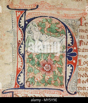 . Englisch: Hein Van Aken träumen von einer Rose Inhalt: Heinrich-von-Aken, die Rose. Roman van Cassamus. Frenesie Herkunftsort, Datum: Brabant Sterben; c. 1300-1350 Material: Vellum, ff 77, 243 x 162 (200 x 120) mm, 53 Linien, littera Textualis, Bindung: 18. Jahrhundert aus braunem Leder; vergoldete Dekoration: 1 historisierende penwork initial (45 x 38 mm); penwork Initialen (61R, 77v) Herkunft: Wahrscheinlich im Besitz der Zisterzienser der Abby von St. Bernard opt Scheld in der Nähe von Antwerpen (1762-1797). J.F. Willemsen (1825); von ihm verkauft an die Koninklijke Nederlandse Akademie van Wetenschappen (Königliche Niederländische Akademie der Wissenschaften), Stockfoto