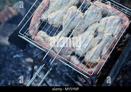 Shish Kebab von Chicken Wings sind im Bereich der Fried. Eine klassische Grill im Freien. Der Prozess der Braten Fleisch auf Holzkohle Stockfoto