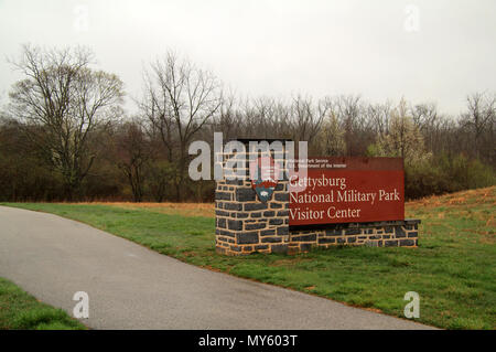 Eine aufwändige Stein Zeichen begrüßt Besucher Gettysburg National Military Park, Standort eines großen drei Tag Schlacht während des Amerikanischen Bürgerkriegs kämpfte Stockfoto