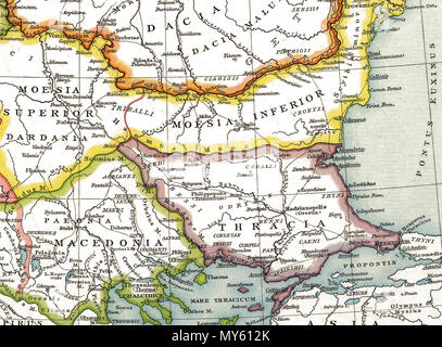 . English: Provinz Thrakien - Ausschnitt aus einer größeren Karte folgenden Inhalts: Die unteren Donauländer zur Römerzeit. Alte historische Karte aus Droysens historischem Handatlas, 1886 Englisch: römische Provinz Thracia - Ausschnitt aus einer größeren Karte: Die römischen Provinzen von der unteren Donau. Alte historische Karte von Droysens historischen Atlas, 1886. 1886. Gustav Droysen (1838 - 1908) 528 Thrakien Ausschnitt aus der römischen Provinzen im Illyricum, Mazedonien, Dacia, Mösien, Pannonia und Thrakien Stockfoto