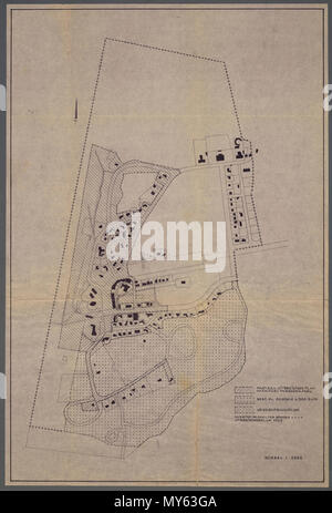 Bergen aan Zee 1950. Kaart met aanduiding van de terreinen in Bergen aan Zee waarvoor bestemmings-en uitbreidingsplannen vastgesteld zijn inclusief, het na-oorlogse Wederopbouwplan. Vervaardiger: Onbekend Catalogusnummer: PR 1005208 Stockfoto