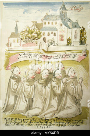 . English: Illustration aus dem Salbuch des Klosters Naumburg: Ihr Browser kann leider keine eingebetteten Frames anzeigen Darstellung der Klostergebäude, darunter kniend Sterben namentlich genannten acht Mönche. 16. Jahrhundert / 16. unbekannter Mönch 383 Naumburger Salbuch Naumburg Moenche Stockfoto