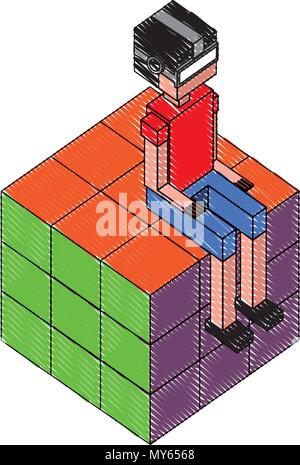 Futuristische Mann in Cube isometrische Avatar sitzen Stock Vektor