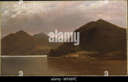 . Lake George. Während der 1850er Jahre, John Kensett der Bildsprache entwickelt, weg von der herrlichen Panoramen der dramatischen Hudson River School Idiom zu umarmen, zusammen mit einer Reihe von Praktikern, die ruhiger, beschaulicher Ästhetik der Luminism. Im Einklang mit den philosophischen Prinzipien der Transzendentalismus und sein Befehl von Geist und Materie zu integrieren, Luminist Maler gesucht, daß die Gemeinschaft durch Infundieren, ihre Arbeit mit einem präzisen und meditativer Konzentration auf die Landschaft, vor allem durch eine Konzentration auf die Auswirkungen von Licht und Atmosphäre in den menschenleeren, Spa manifestiert zu erreichen Stockfoto