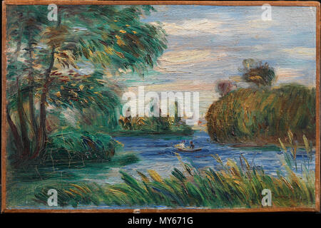 . Englisch: Pierre Auguste Renoir, Französisch, 1841 - 1919 Fluss Landschaft Öl auf Leinwand 16 x 24,2 cm. (6 5/16 x 9 1/2 in.) Rahmen: 32,5 × 40 × 6,4 cm (12 13/16 x 15 3/4 x 2 1/2 in.) Gabe von J.Lionberger Davis, Klasse von 1900 y 1968-1. Vor 1919 9 1887, Renoir, Flusslandschaft Stockfoto