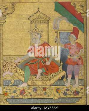 . Englisch: Folio aus dem Ramayana von Valmiki Ramayana (Freier), Vol. 2, Folio 273, recto: Vibhishana ist als König von Lanka installiert; Verso: Text 1597-1605 Shyam Sundar, (Indische, Mughal dynasty Opak Aquarell, Tinte und Gold auf dem Papier H: 27,5 W: 15,2 cm Nordindien Geschenk des Charles Lang Freer F 1907.271 .273. zwischen 1597 und 1605. Shyam Sundar, (Indische, Mughal dynasty 549 Vibhishana als König von Lanka Stockfoto