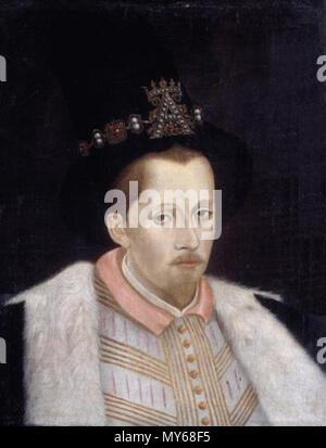 . Englisch: James VI. von Schottland, I von England und Irland English: James I. (1566-1625) mit dem Sancy-Diamanten an der Hutkrempe. ca. 1590 n. Adrian Vanson 433 Porträt von König James I&amp; VI (vanson) Stockfoto