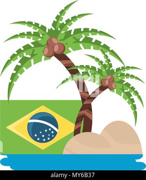 Tropischen Palmen und brasilianische Flagge mit weissem Hintergrund, Vector Illustration Stock Vektor