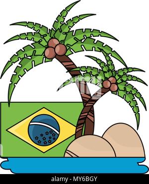 Tropischen Palmen und brasilianische Flagge mit weissem Hintergrund, Vector Illustration Stock Vektor