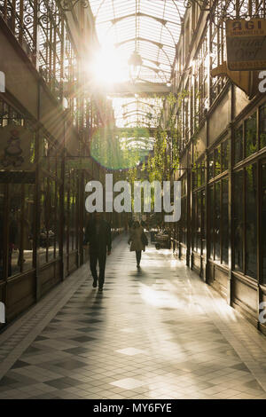 Gläserne Decke der Passage du Grand Cerf beleuchtet durch Sonnenlicht, Paris, Frankreich. Stockfoto