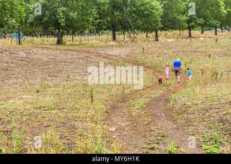 Der Großvater mit seinem Enkel auf einem Pfad in den oberen Hunter Valley, NSW, Australien. Stockfoto