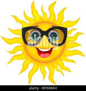 Ein frohes cartoon Sonne in Schutzbrille aus der Sonne. Einen fröhlichen Karikatur Sonne auf weißem Hintergrund. Stock Vektor