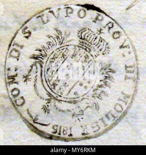 . Englisch: San Lupo Rathaus Stempel (1815) Italiano: Timbro del Comune di San Lupo del 1815, all'epoca in Cui il Paese era Parte della Provincia di Molise. 2 März 2013, 13:25:53. Comune di San San Lupo Lupo 473 Stempel Stockfoto