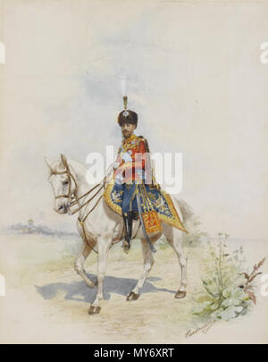 . Dmitri Alexandrowitsch Benkendorff, b. 1845 eine Equestrian portrait of Grand Duke Nicholas Nicholaevich in der Uniform eines Offiziers in Seiner Majestät Husaren 36,5 x 28,5 cm. (14 1/4 x 11 1/4 in.). 19. Dmitri Alexandrowitsch Benkendorff, (1845 - 1917) 386 Nicholas возможно Nicholaevich von D. A. Benkendorff (priv.coll.) Stockfoto