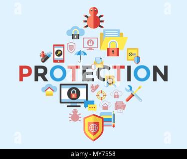 Digitale Vektordaten securuty und Schutz der Privatsphäre Icon Set pack Abbildung, einfache Linie Flat Style Infografiken Stock Vektor