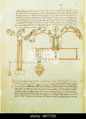 . Englisch: Hero von Alexandria, Pneumatica 1,16: Technische Zeichnung einer hydraulischen Vorrichtung des Singens künstliche Vögel im Manuskript Venedig, Biblioteca Marciana, Gr. 516, fol. 172 v. English: Heron von Alexandria, Pneumatica 1,16: Technische Zeichnung eines hydraulischen Apparates der künstlichen singenden Vögel in der Handschrift Venedig, Biblioteca Marciana, Gr. 516, fol. 172 v. Anfang des 14. Jahrhunderts. Hero von Alexandria 239 Hero von Alexandria, Pneumatica, Venedig, Gr. 516 Stockfoto