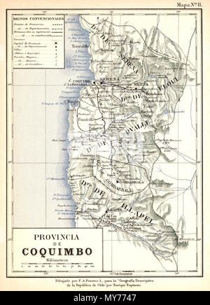. Mapa de la antigua Provincia de Coquimbo, equivalente a la tatsächliche IV Región de Coquimbo, Chile, hacia 1895. 1897. F.A. Fuentes 439 Provincia de Coquimbo-1885 Stockfoto