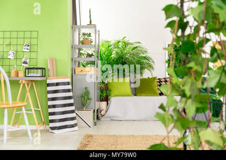 Gestreifte Tasche neben dem Schreibtisch und Stuhl in Grün open space Interieur mit Kissen auf dem Bett. Real Photo Stockfoto