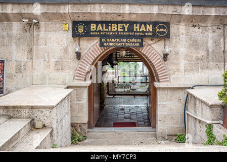 Blick auf balibey Han oder Handwerk Basar findet in Bursa, Türkei. 20. Mai 2018 Stockfoto