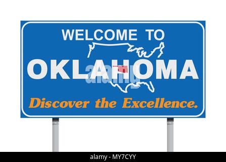 Vector Illustration der Willkommen in Oklahoma blauen Schild mit der offiziellen Spitznamen 'Discover die Exzellenz". Stock Vektor