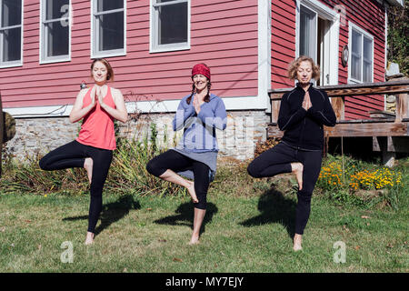 Drei Frauen Yoga die Baumhaltung (vriksasana) im Garten Stockfoto