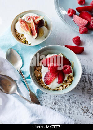 Immer noch Leben der Mutter Müsli und Joghurt in Schalen mit frischem Obst, Ansicht von oben Stockfoto