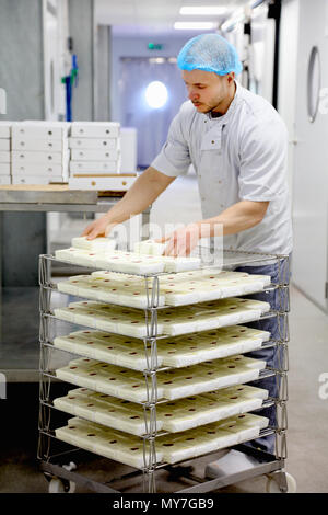 Käser Verpackung Käse an Lieferanten senden Stockfoto